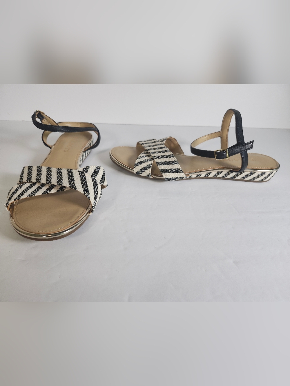 Talbots Daisy Micro Wedge Black Beige Gold Stripe Ankle Strap Sandals S 6.5M NEW